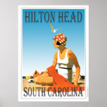 Vintage Hilton Head Beach Scene Poster<br><div class="desc">A retro poster that never was until now. A creative redo of an old poster that should have been. Hilton Head Beach in retro style from the art deco era. Bright colours with a woman on the beach under a blue sky.</div>