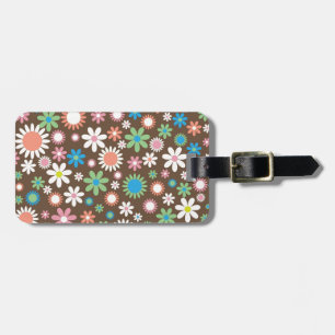Vintage, hippie pink, green, salmon red daisies luggage tag