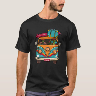 Vintage Hippie Van Flower Bus Aliens Peace Sign T-Shirt