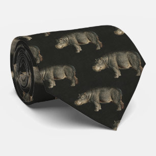 Vintage Hippos on Dark Umber Brown Linen Tie
