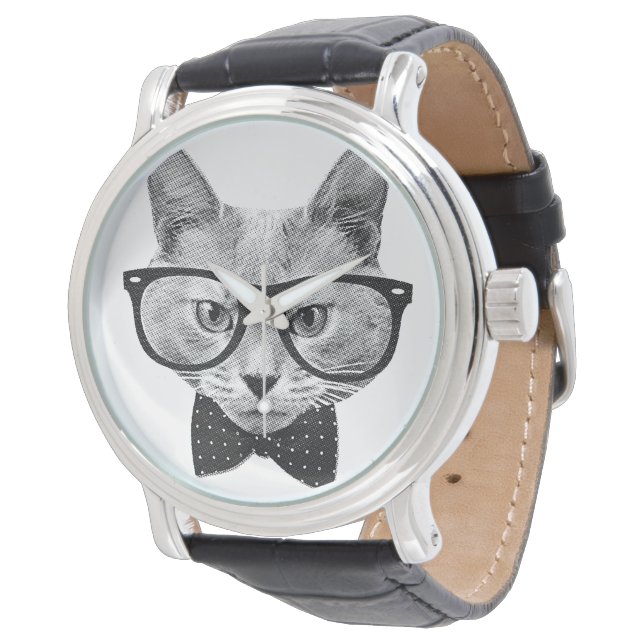 Vintage hipster cat watch (Angled)