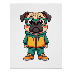 Vintage Hipster Pug Dog Cartoon Streetwear Graphic Poster