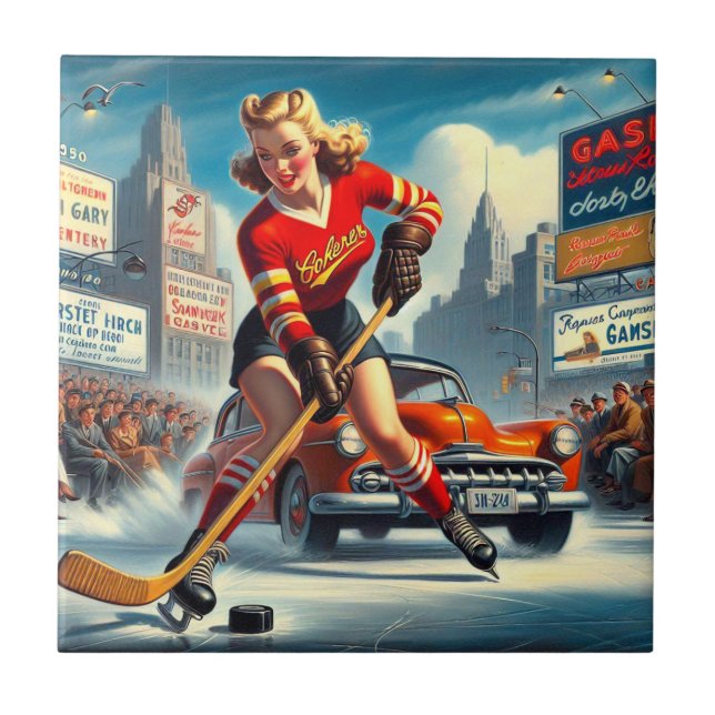 Vintage Hockey Girl Tile (Front)