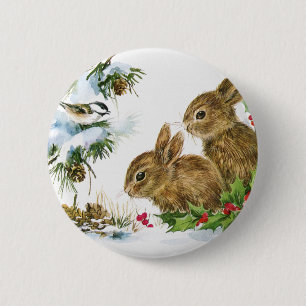 Vintage Holiday Bird and Bunnies 6 Cm Round Badge