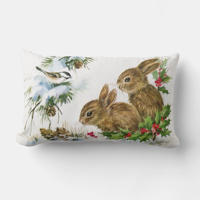 Vintage Holiday Bird and Bunnies Lumbar Cushion (Front)