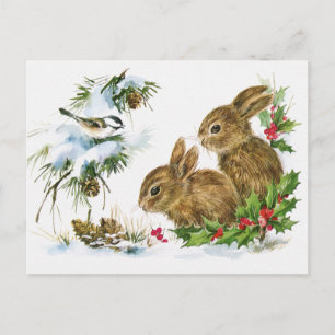 Vintage Holiday Bird and Bunnies Postcard