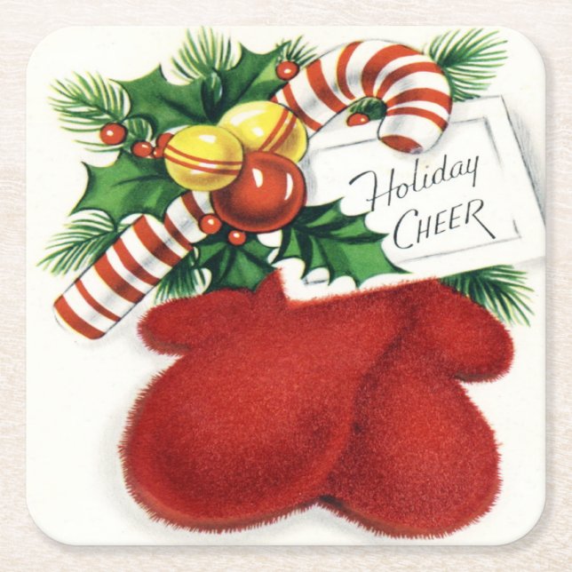 Vintage Holiday Cheer Christmas Mittens Square Paper Coaster (Front)