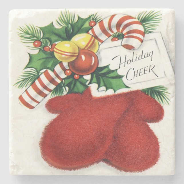 Vintage Holiday Cheer Christmas Mittens Stone Coaster (Front)