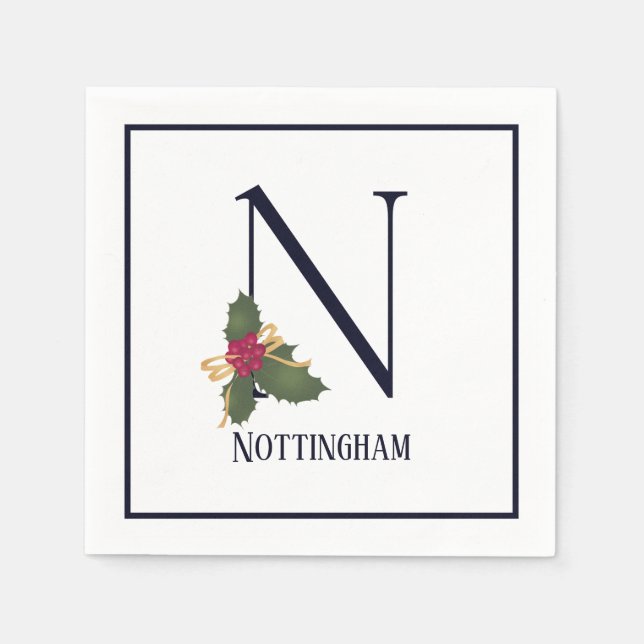 Vintage Holiday Monogram Letter N Paper Napkin (Front)