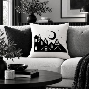 Vintage Holiday Scene Monochrome Throw Pillow Deco