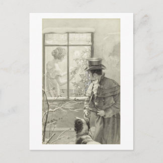 Vintage Holiday scene painting with a dog card