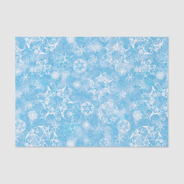 Vintage Holiday Snowflakes on Blue Decoupage Tissue Paper (Front)