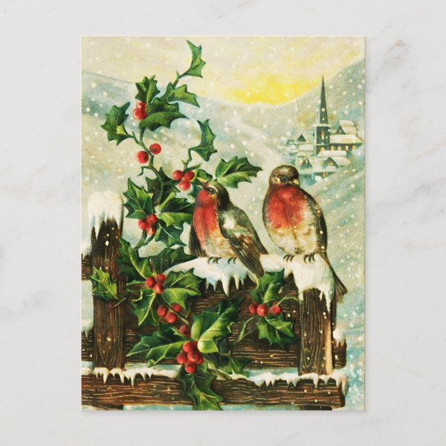 Vintage Holly and birds Christmas  Holiday Postcard (Front)
