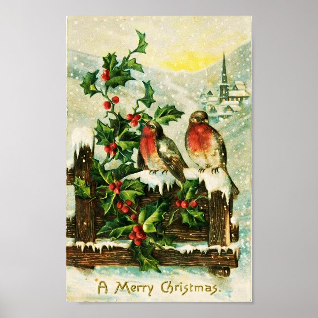 Vintage Holly and birds Christmas Poster (Front)