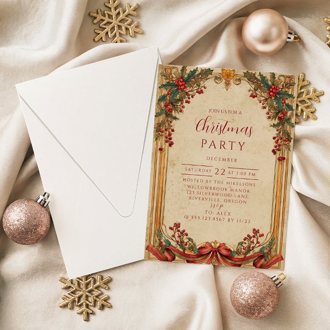 Vintage Holly and Gold Christmas Invitation (Creator Uploaded)