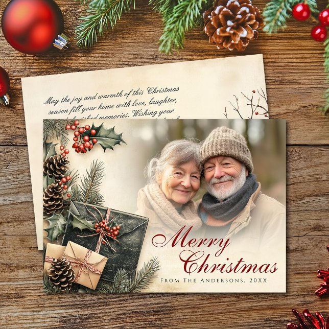 Vintage Holly Berries Beige Photo Christmas  Holiday Card (Vintage Holly Berries Beige Photo Christmas Holiday Card)