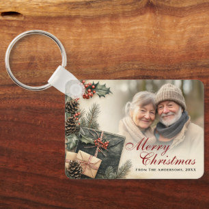 Vintage Holly Berries Beige Photo Christmas Key Ring