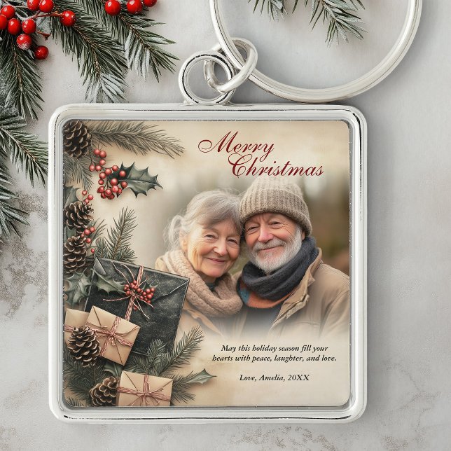 Vintage Holly Berries Beige Photo Christmas Key Ring (Vintage Holly Berries Beige Photo Christmas Keychain)