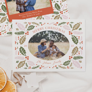 Vintage Holly Berries Oval Photo   Colourful Brigh Holiday Card