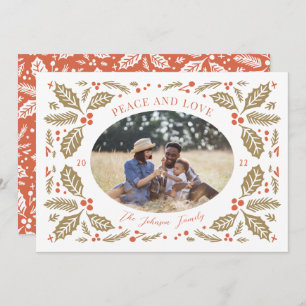 Vintage Holly Berries Oval Photo   Red and Golden Holiday Card