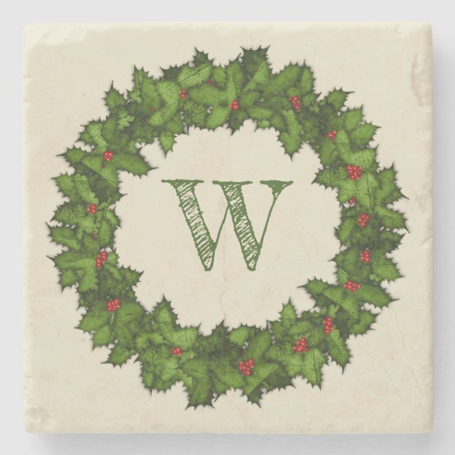 Vintage Holly Berries Wreath Green Monogram Stone Coaster (Front)
