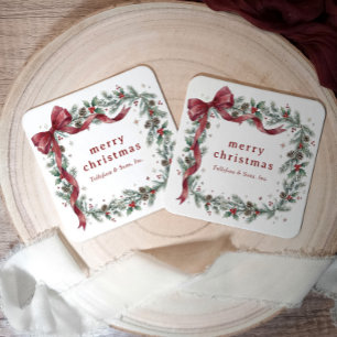 Vintage Holly Bow Business Christmas Party Square Paper Coaster