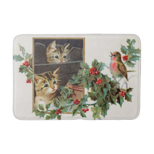 Vintage holly cats and bird  bath mat