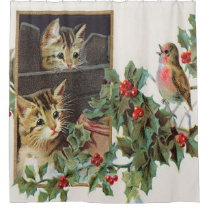 Vintage holly cats and bird shower curtain