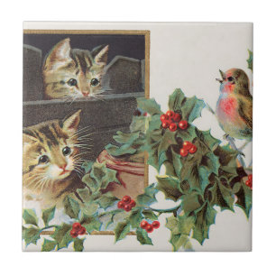 Vintage holly cats and bird tile