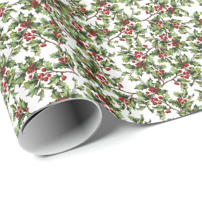 Vintage Holly Christmas Holiday Gift Wrap (Roll Corner)