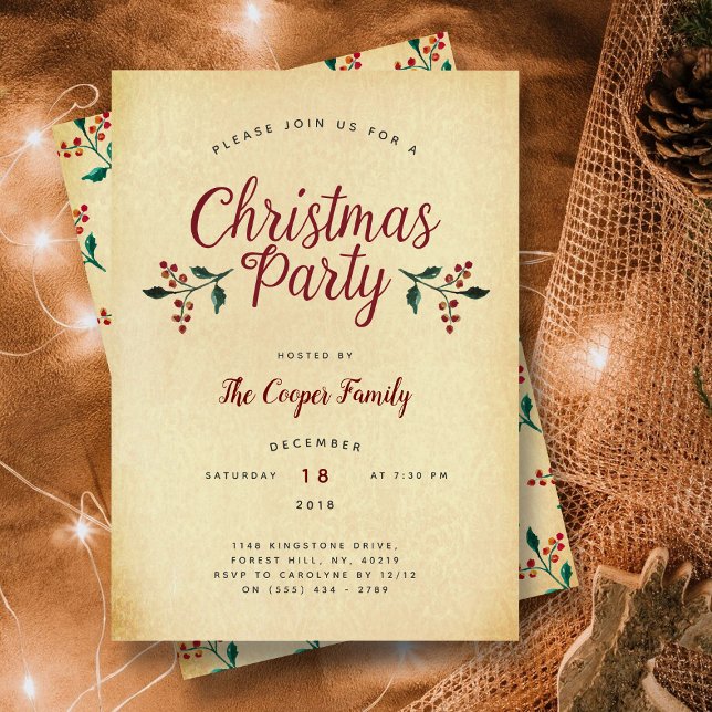 Vintage Holly Christmas Party Invitation (Creator Uploaded)