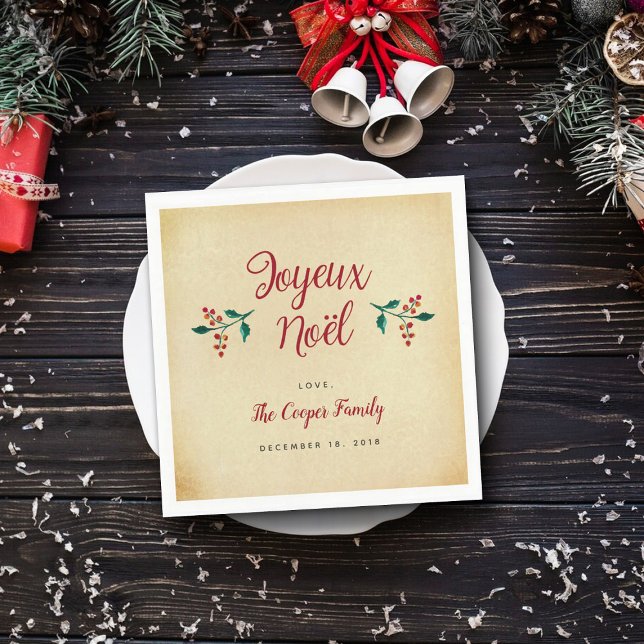 Vintage Holly Christmas Party "Joyeux Noël" Napkin (Creator Uploaded)