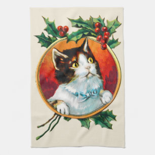 Vintage holly cute cat christmas tea towel