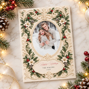 Vintage Holly Evergreen Frame Elegant Photo Happy Holiday Card