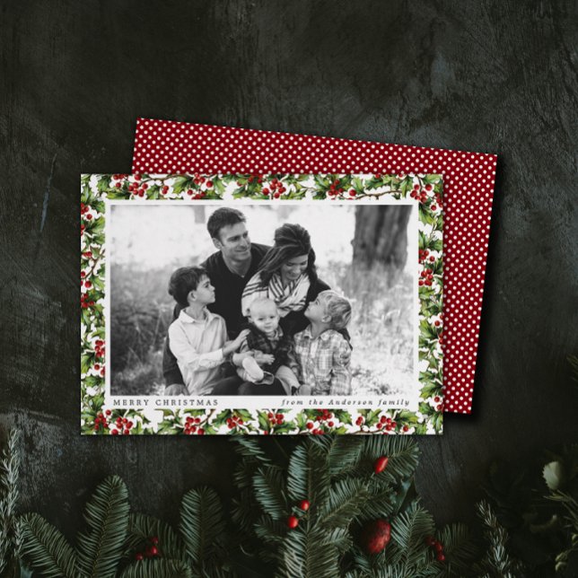 Vintage Holly Frame Christmas Photo Card (one photo Christmas holiday card with traditional type and vintage holly berries border)