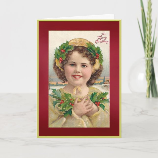 Vintage Holly Girl Christmas Card (Front)
