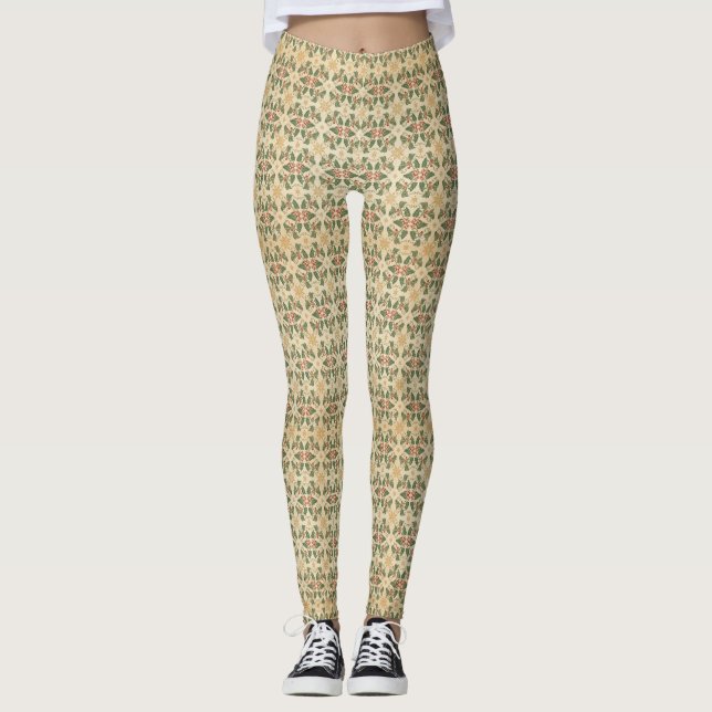 Vintage Holly & Gold Snowflake Christmas Pattern Leggings (Front)