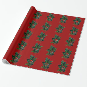 Vintage Holly Leaf Berry Red Christmas Holiday Wrapping Paper