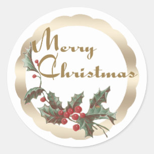 Vintage Holly   Merry Christmas   Gold Frame Classic Round Sticker