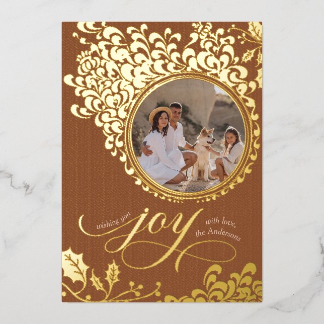 Vintage Holly One Photo Boho Brown Christmas Joy (Front)