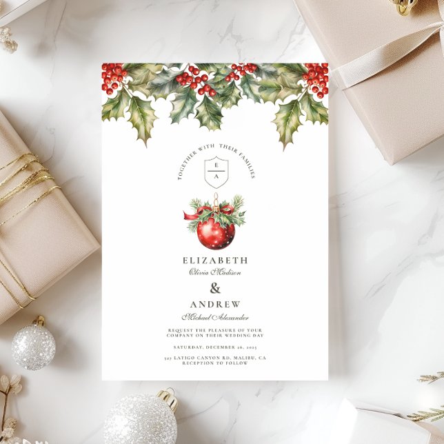 Vintage Holly Ornament Christmas Wedding Invitation (Creator Uploaded)