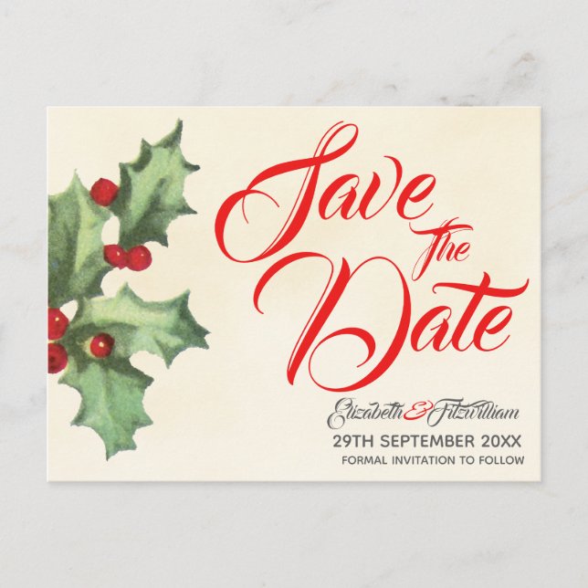 Vintage Holly Save the Date Postcard (Front)