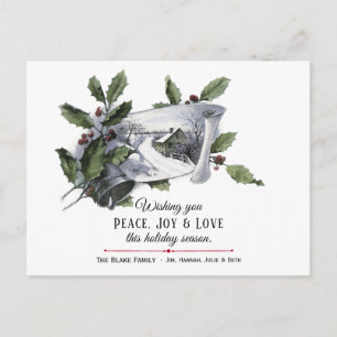 Vintage Holly, Silver Bell and Winter Scene Postcard
