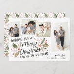 Vintage Holly Tilted Snapshot 4 Multi-Photo Holiday Card<br><div class="desc">This festive and chic holiday photo card features our original hand-drawn winter foliage with sweet styled typography in vibrant colours and tilted photos. The back comes with a matching pattern for an extra special touch.</div>
