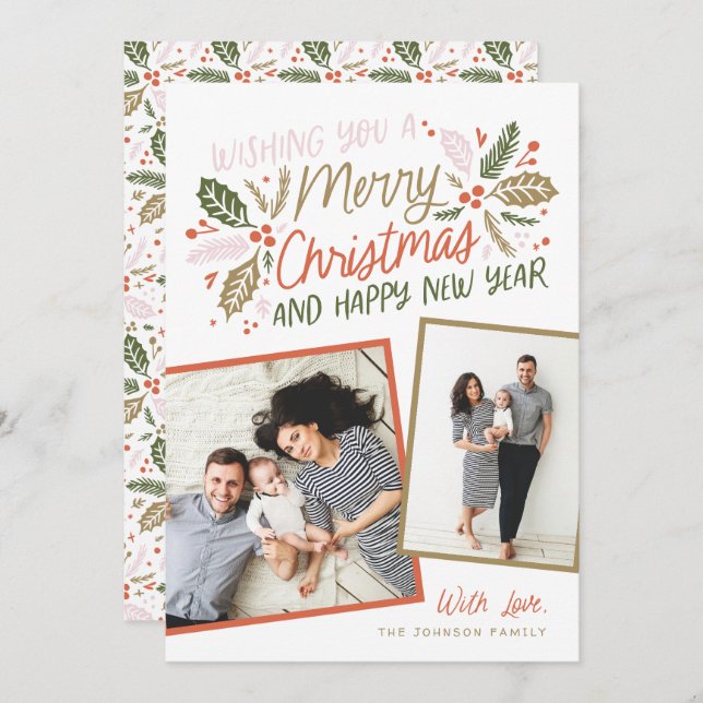 Vintage Holly Tilted Snapshot Multi-Photo Holiday Card (Front/Back)