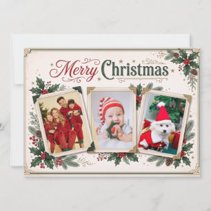 Vintage Holly Tilted Snapshot Multi PhotoChristmas Holiday Card