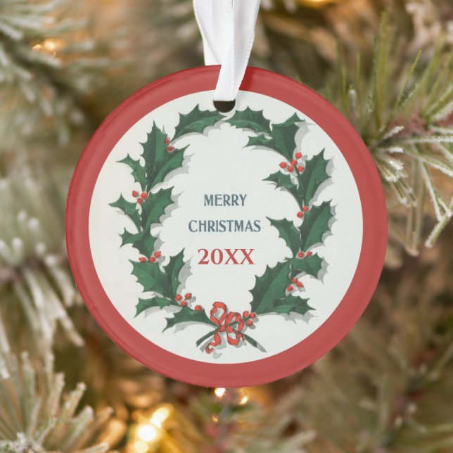 Vintage Holly Wreath Merry Christmas Acrylic Ornament (Tree)