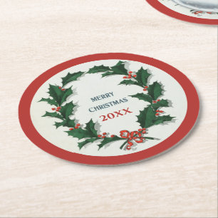 Vintage Holly Wreath Merry Christmas Round Paper Coaster