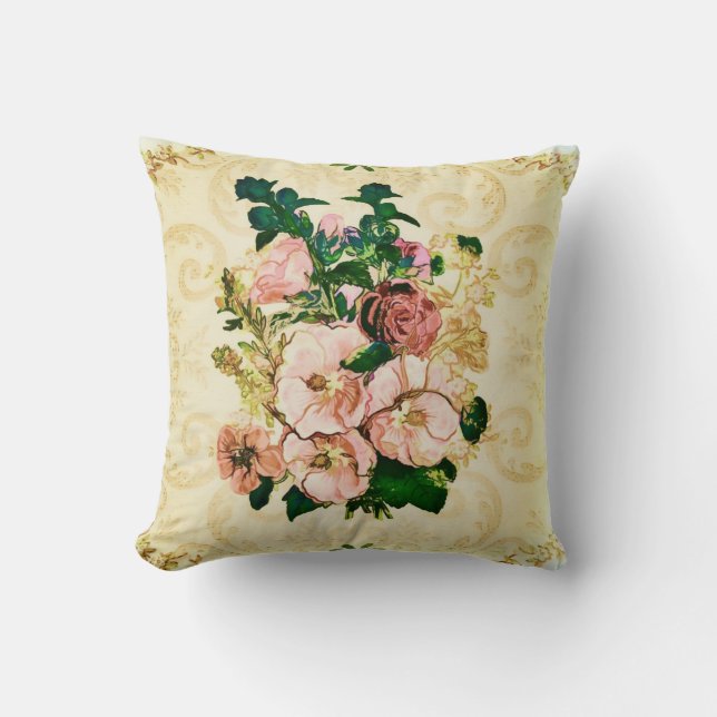 Vintage Hollyhocks Cushion (Front)