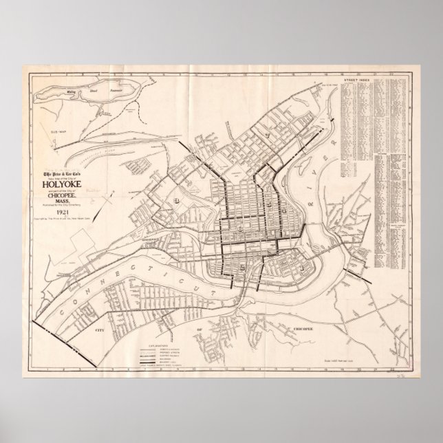 Vintage Holyoke & Chicopee MA Map (1921) Poster (Front)